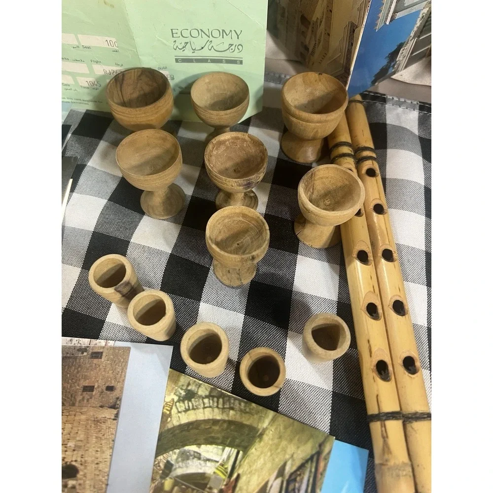 ISRAEL LOT‎ ~ RARE DOUBLE BAMBOO CLARINET, 7 HAND CARVED MINI GOBLETS + (2555)